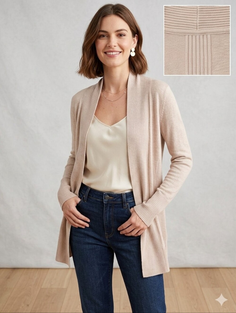 Dana Buchman Oatmeal Open Front Rayon Cardigan Sz Small PTP:18.5-28" Length 26"